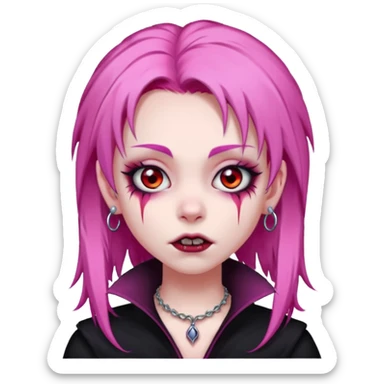 girl, pale vampire, pink hair, very long, shaggy, dark, spooky,double eyebrow dermal piercing, creepy expression sticker
