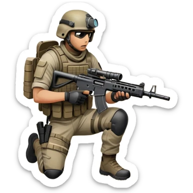 A skilled airsoft player in tactical gear, aiming a gun and shooting metal BBs in a desolate, ruined landscape. The setting is filled with broken walls and debris, creating a tense atmosphere of strategy and precision in a high-stakes tactical environment sticker
