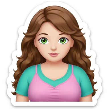 Girl girl long wavy brown hair, green/blue/gold eyes, plus size, pink girly top, eyelashes sticker