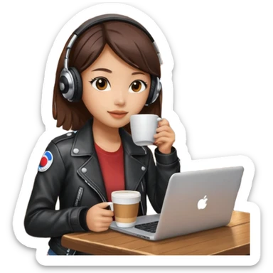 A Korean girl at a dive bar with a laptop and headphones on holding a cup of coffee sticker