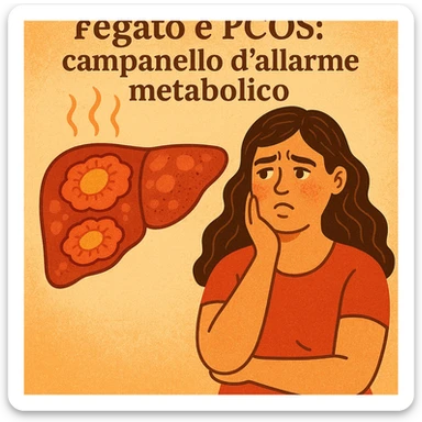 symbolic scene, stylized liver with swollen and inflamed areas, next to a woman with PCOS looking worried, Italian text: 'Fegato e PCOS: campanello d’allarme metabolico', warm colors, 4K quality sticker