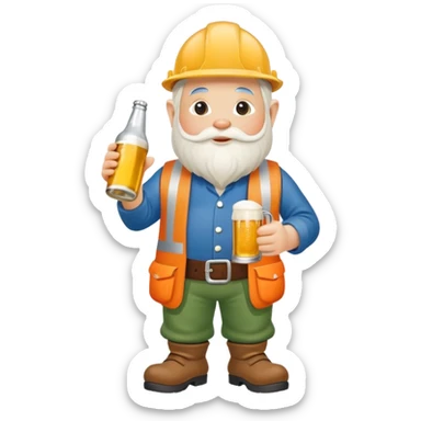 Garden gnome wearing construction clothes holding a bottle of beer sticker