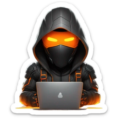  developer behind his laptop with this style : crysis Cyberpunk Valorant orange glowing bright orange character orange black hooded assassin themed character sticker