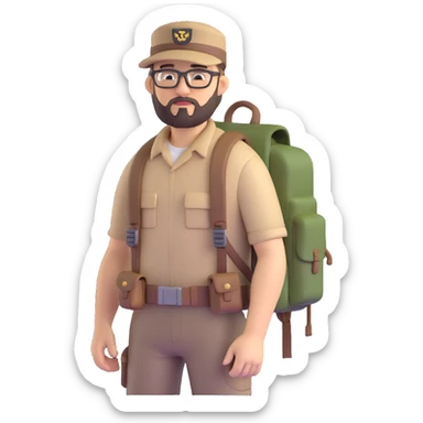 adventurer with goatee beard (no beard on cheeks), short hair, glasses, backwards military tan cap and backpack sticker