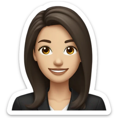 Caucasian Woman with voluminous long dark brown hair, dark brown eyes, pretty smile, dressed with a black blazer sticker