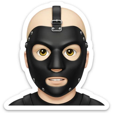 bdsm slave black leather fullhead mask, no metallic details on a white man, no gold, no metal, no yellow sticker