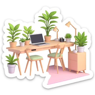 beautiful minimalist girl aesthetic bedroom with soft colors, organized desk, plants, and clean lines sticker
