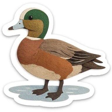 very detailed American Wigeon in paper craft style, intricate cut paper textures, green and white head, brown body, realistic markings, standing near water sticker