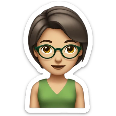 A girl with fair skin, circular glasses, straight hair, and boyish hair up, brown eyes, a green black dress, and a line on the eyebrow. sticker