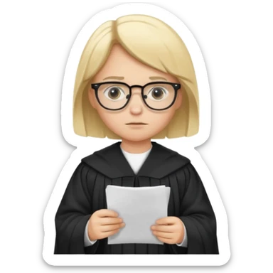 Young judge, blonde hair with glasses and robe, hold a paper sticker