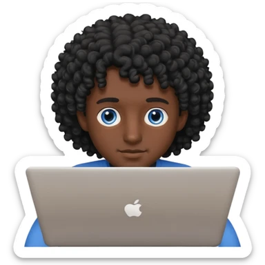 мужчина с черными кудрявыми волосами и серо-голубыми глазами с ноутбуком sticker