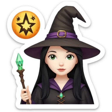 a girl with black long hair, witch hat and a magic wand in her hand sticker