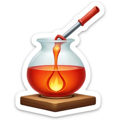 Glassblowing and casting icon, molten glass being shaped into a delicate object with a blowpipe, glowing red-hot glass being poured into a mold, unfinished glass sculpture, minimalistic style, clean lines, transparent background. sticker