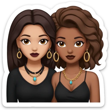 Boujy baddie best friends, trendy heavy makeup both dark hair one light skinned and one mocha brown pretty hair both wearing black and earrings and necklace one mocha brown skin better ones please  sticker