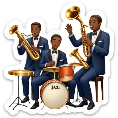 Icon for Jazz Music: The Jazz Messengers, featuring a dynamic composition with Art Blakey on drums and musicians playing saxophone, trumpet, and piano. Musical notes and a warm jazz club atmosphere emphasize the vibrant hard bop style. Transparent background. sticker