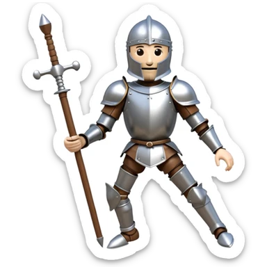 3D render of Knight Puppet as a wooden marionette puppet, Painted silver wood armor, strings, silver metal screw joints at elbows and knees, polished brown wood texture, rigid toy pose, emoji style, isolated on white background --v 6.0. sticker
