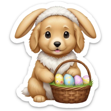 Golden retriever dressed like an Easter bunny, holding Ann Easter basket with a bunny in it sticker