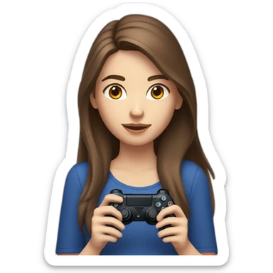 Caucasian Girl with long Brown hair holding a playstation 4 controller looking at a screen sticker