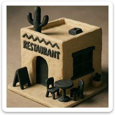 isometric exterior of a small southwestern restaurant, black, beige, and white color palette, 3D realistic, claymation look sticker