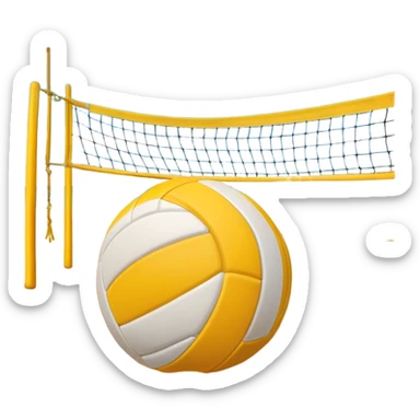 A volleyball resting on the yellow sand on a beach, with the net in the background and a scenic view of the ocean and sky. The scene captures the relaxed yet competitive vibe of beach volleyball, with warm sunlight and the natural beauty of the beach. sticker