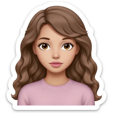 a woman with beige knit long sleeve top, her hair is long wavy brown hair, her face is soft girl style, her eyes color are black and the color of her lip is soft pink sticker