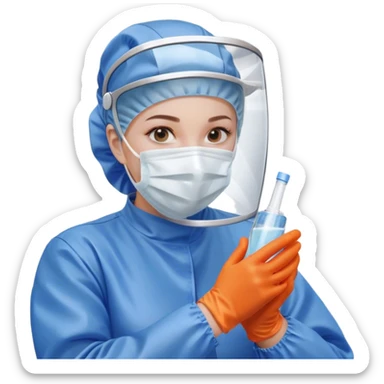 A meticulous cleanroom worker dressed in full protective gear, including a blue sterile suit, a face mask, a hairnet, and orange gloves. With a focused expression, they carefully wipe down a glass surface, ensuring strict hygiene standards in a controlled environment. sticker