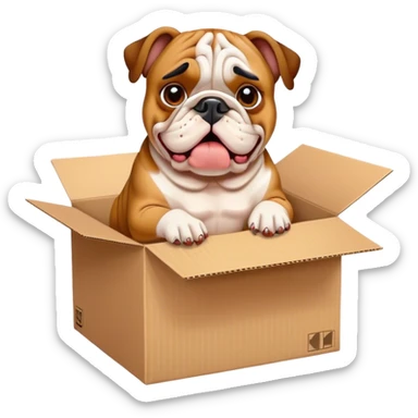 Homeless bulldog sitting in a cardboard box begging for change  sticker