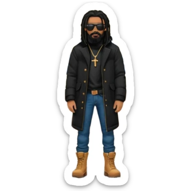 African American man with shoulder length black dreadlocks with black beard wearing black sunglasses wearing a black bubble winter coat  wearing denim skinny jeans and timberland boots standing in front of a Christian church sticker