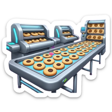 Cyberpunk cookie factory with neon lights, laser beams scanning cookies, glowing conveyor belts, high-tech cartoon style, emoji-style sticker