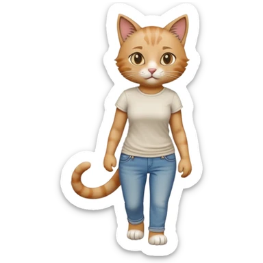 female cat anthropomorphised wearing jeans and a t-shirt walking upright sticker