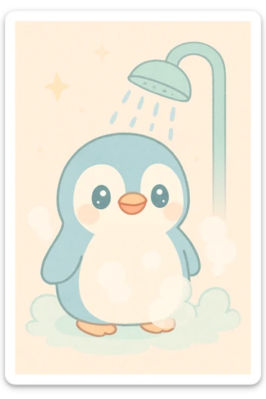 a penguin taking a cold shower, steam rising, playful illustration sticker