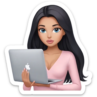 Glamours, tanned, very beautiful girl, with big pump peach-beige-rose lips, long lashes, black straight smooth silky long hair, straight parting hair, blue-grey eyes, in light-pink v-neck bodysuit holding MacBook sticker