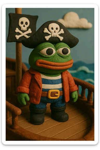 Add the exact skull and crossbones symbol to the pirate flag and the pirate hat in the claymation style image of Pepe the Frog in pirate attire standing on a pirate ship deck with an ocean scene. sticker