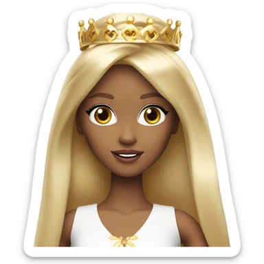 Blonde Barbie with bangs and long straight hair and hazel eyes wearing a gold crown sticker