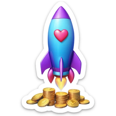 3D rocket with coins and hearts, purple blue gradient, glossy, transparent background sticker