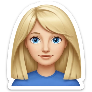 40 yr old white woman, curtain bangs, very long straight blond hair, oval face, small smile, blue eyes, thin oval face, hair down to elbows sticker