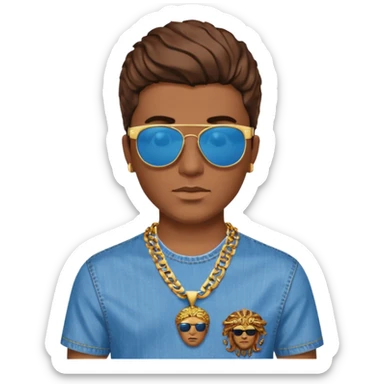 man emoji with brown hair, sunglasses on head, blue and gold Versace shirt with Medusa design, chain necklace, jeans sticker
