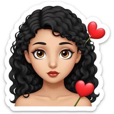 Lightly tan girl with big brown eyes and long lashes, black slightly curly hair that is long, marked Cupid arc on lips  sticker