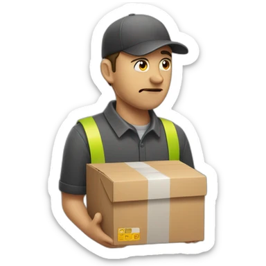Sad courier delivering a package sticker