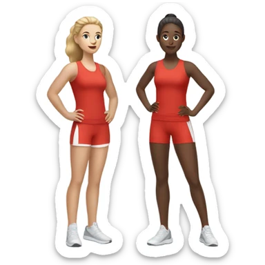 2 white woman in sportswear talking, one is red color sticker