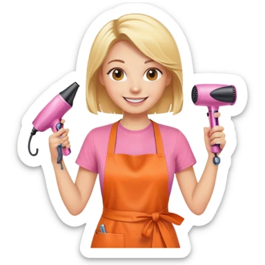 blonde female hairstylist smiling, pink t-shirt, orange apron, hands up, holding scissors and hairdryer sticker