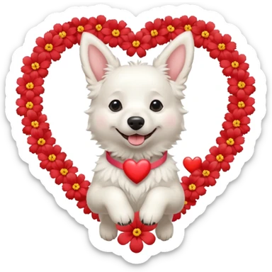 White belgian Dog with a flowerband on head is jumping in a heart sticker