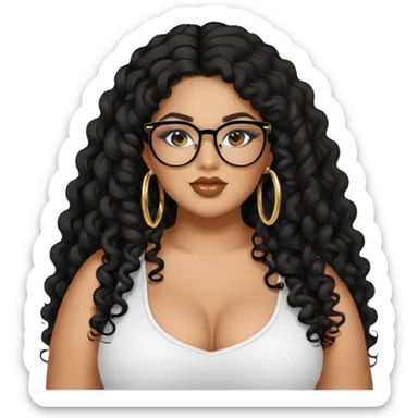 big plus size, latina, darker tan skin, gold hoops, long black curly hair, baddie,pretty, makeup, lipgloss, black eyeliner, long hair, black top, black glasses sticker