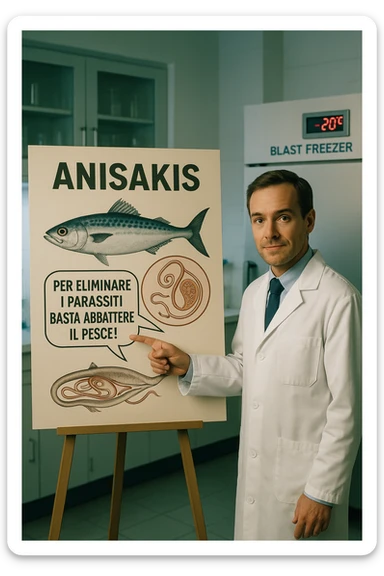 cinematic a scientist in a white lab coat stands beside a large poster showing a fish and a diagram of the Anisakis parasite. The scientist points to a speech bubble that says, “Per eliminare i parassiti basta abbattere il pesce!” In the background, a blast freezer is visible, with a temperature gauge set to -20°C. The mood is informative and reassuring. In italiano sticker