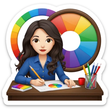 female dark wavy long hair graphic designer , big color wheel behind , pens, papers, desktop sticker