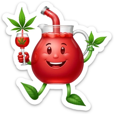 Kool-Aid Man pitcher character with legs and arms holding a bong and a prominent cannabis leaf sticker