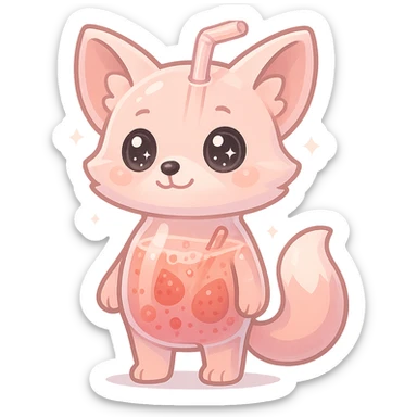full-body cute blender fox with transparent body showing fruity smoothie inside, sparkling eyes, pastel pink color, transparent background sticker