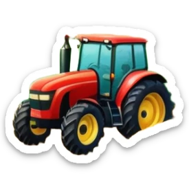 colorful rural landscape, inspired by farming simulators like Farming Simulator 22. The design shows fields, tractors, and barns, with vibrant crops and animals in the background. The peaceful farming scene symbolizes the immersive experience of managing a farm, with a transparent background sticker