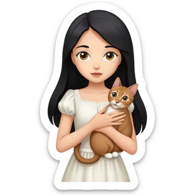 A beautiful girl with long black hair wearing a white dress holds an Abyssinian cat in her arms sticker
