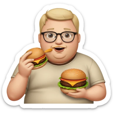 A fat guy with glasses and a burger sticker